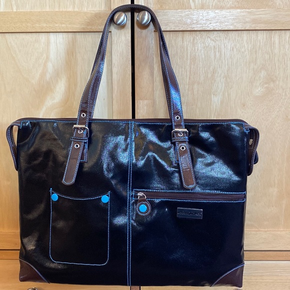 Urban Junket Handbags - Urban Junket Women's Black & Brown Large Shoulder Coated Canvas JB Laptop Tote